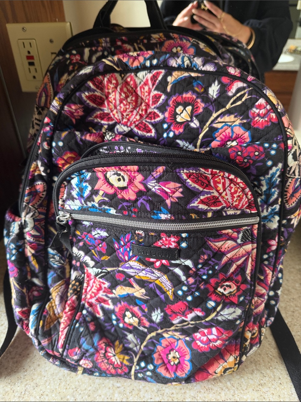 Vera Bradley Black Quilted Backpack with Pink, Purple & Blue Floral Print